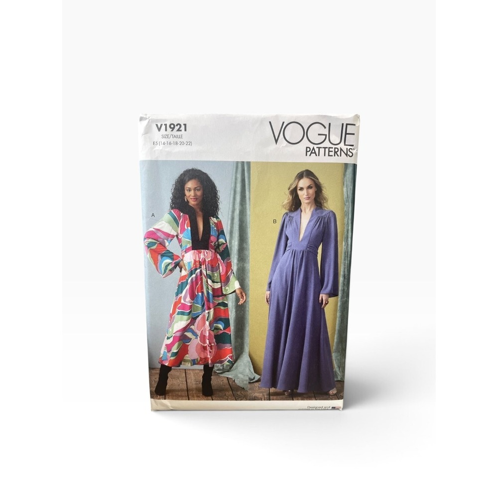 Vogue Sewing Pattern V1921 Misses Dress 14-22 V-Neck Maxi Long Sleeve Uncut FF